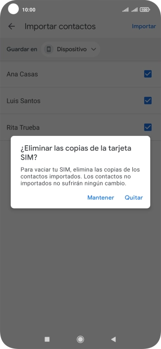 Si deseas conservar los contactos importados en la tarjeta SIM, pulsa Mantener.
