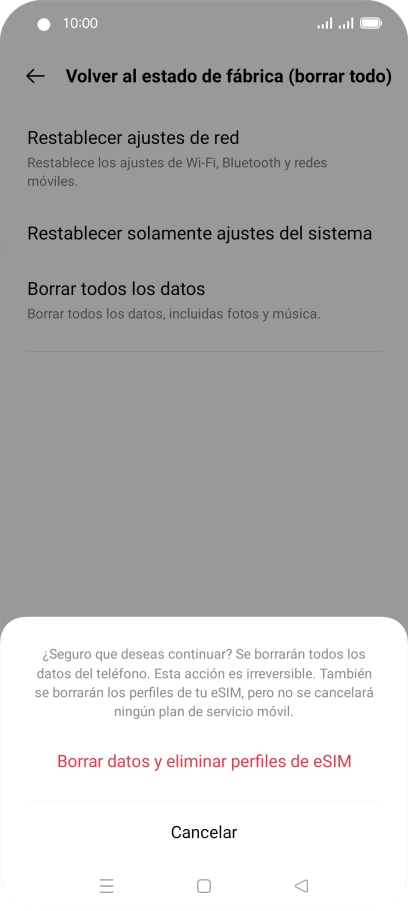 Pulsa Borrar datos y eliminar perfiles de eSIM. Espera unos instantes mientras el teléfono restablece la configuración predeterminada. Sigue las indicaciones de la pantalla para configurar el teléfono y dejarlo listo para su uso.