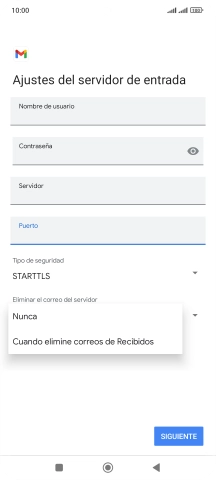 Pulsa Nunca para conservar los correos electrónicos en el servidor cuando los borras del teléfono.