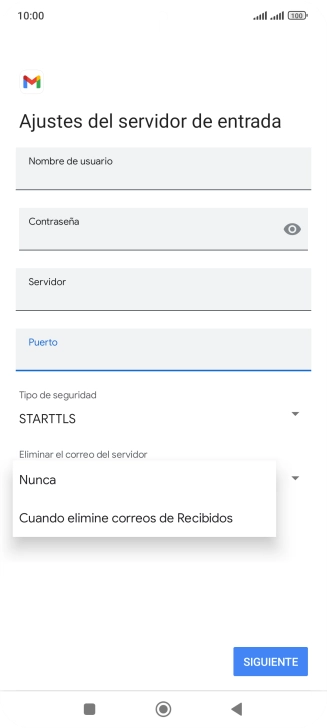 Pulsa Nunca para conservar los correos electrónicos en el servidor cuando los borras del teléfono.