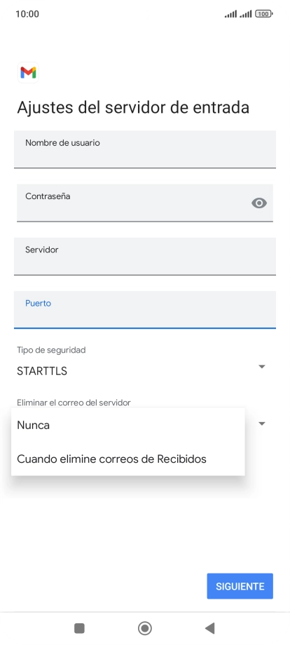 Pulsa Nunca para conservar los correos electrónicos en el servidor cuando los borras del teléfono.
