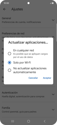 Para activar la actualización automática de apps utilizando la red móvil, pulsa En cualquier red.