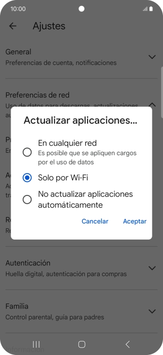Para activar la actualización automática de apps utilizando la red móvil, pulsa En cualquier red.