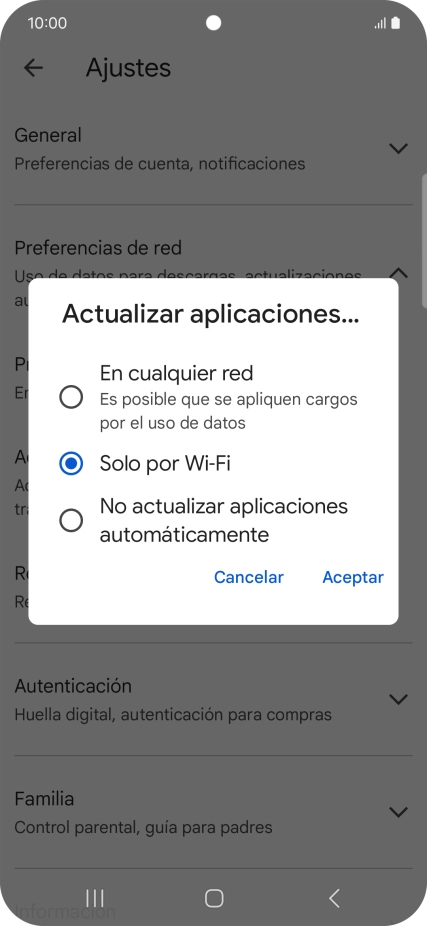 Para activar la actualización automática de apps utilizando la red móvil, pulsa En cualquier red.