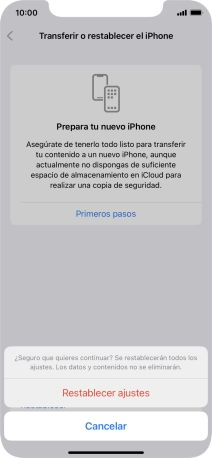 Pulsa Restablecer ajustes. Espera unos instantes mientras el teléfono restablece la configuración predeterminada. Sigue las indicaciones de la pantalla para configurar el teléfono y dejarlo listo para su uso.