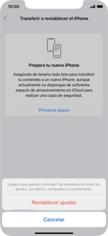 Pulsa Restablecer ajustes. Espera unos instantes mientras el teléfono restablece la configuración predeterminada. Sigue las indicaciones de la pantalla para configurar el teléfono y dejarlo listo para su uso.