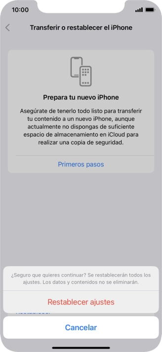 Pulsa Restablecer ajustes. Espera unos instantes mientras el teléfono restablece la configuración predeterminada. Sigue las indicaciones de la pantalla para configurar el teléfono y dejarlo listo para su uso.