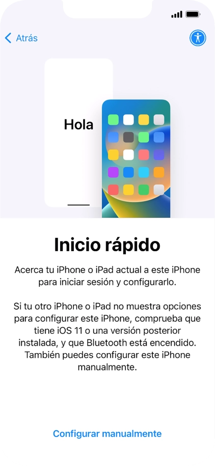 Sigue las indicaciones de la pantalla para transferir contenido de otro dispositivo iOS11 o con una versión más reciente o pulsa Configurar manualmente.