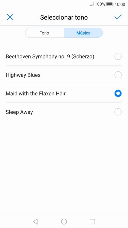 Al encontrar un timbre de llamada de tu gusto, pulsa el icono de aceptar.