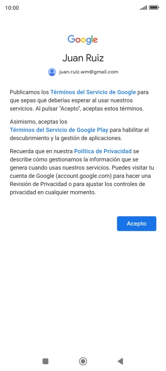 Pulsa Acepto y sigue las indicaciones de la pantalla para seleccionar los ajustes de tu cuenta de Google.