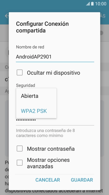 Pulsa WPA2 PSK para proteger la conexión wifi con una contraseña.