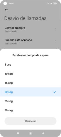 Si desvías las llamadas perdidas, tendrás que seleccionar un retardo para el desvío. Pulsa el retardo deseado y sigue las indicaciones de la pantalla para seleccionar el retardo deseado del desvío.