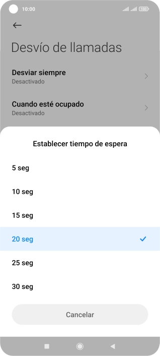 Si desvías las llamadas perdidas, tendrás que seleccionar un retardo para el desvío. Pulsa el retardo deseado y sigue las indicaciones de la pantalla para seleccionar el retardo deseado del desvío.