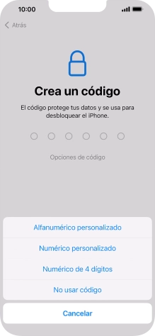 Sigue las indicaciones de la pantalla para activar el uso del código de seguridad o pulsa No usar código.