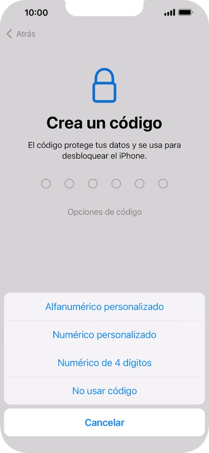Sigue las indicaciones de la pantalla para activar el uso del código de seguridad o pulsa No usar código.