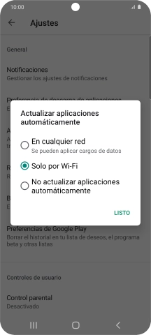 Para activar la actualización automática de apps utilizando la red móvil, pulsa En cualquier red.