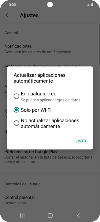 Para activar la actualización automática de apps utilizando la red móvil, pulsa En cualquier red.