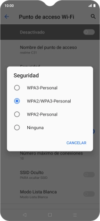 Pulsa WPA3-Personal para proteger la conexión wifi con una contraseña.