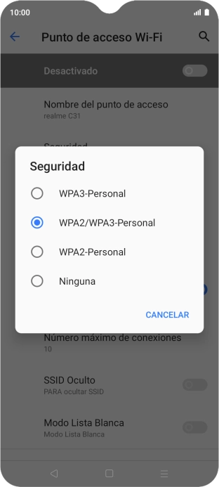 Pulsa WPA3-Personal para proteger la conexión wifi con una contraseña.