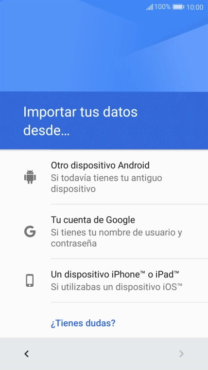 Pulsa la opción deseada y sigue las indicaciones de la pantalla para transferir contenido desde el otro teléfono y finalizar la activación de tu teléfono.