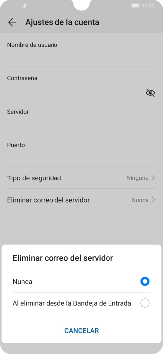 Pulsa Nunca para conservar los correos electrónicos en el servidor cuando los borras del teléfono.