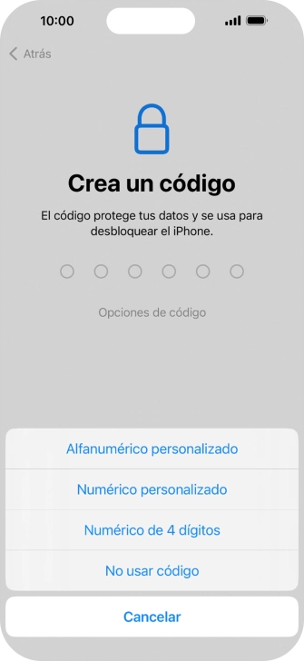 Sigue las indicaciones de la pantalla para activar el uso del código de seguridad o pulsa No usar código.