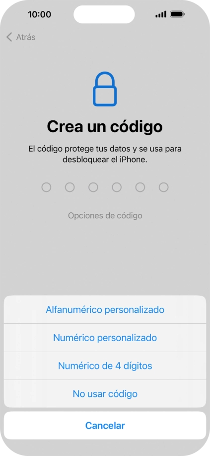 Sigue las indicaciones de la pantalla para activar el uso del código de seguridad o pulsa No usar código.
