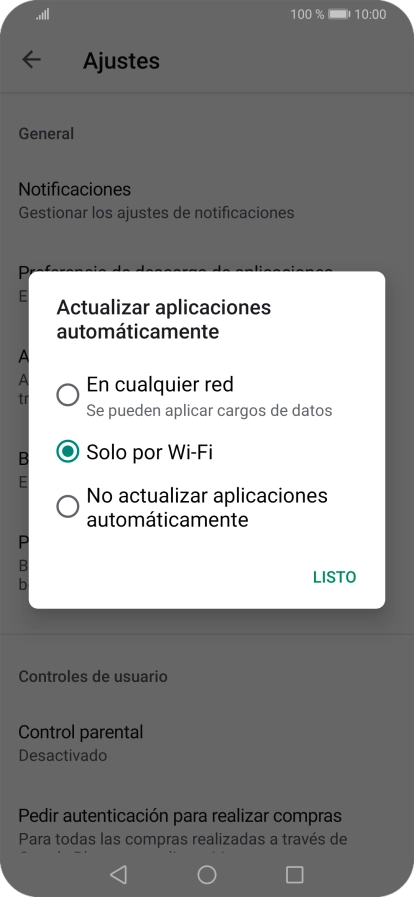 Para activar la actualización automática de apps utilizando la red móvil, pulsa En cualquier red.