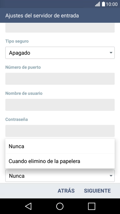 Pulsa Nunca para conservar los correos electrónicos en el servidor cuando los borras del teléfono.