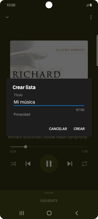 Introduce el nombre deseado de la lista de reproducción y pulsa CREAR.