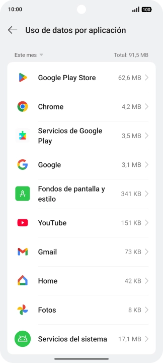 El consumo de datos por cada aplicación aparece bajo el nombre de la aplicación.