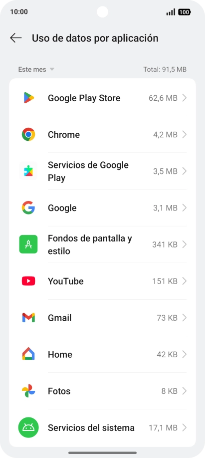 El consumo de datos por cada aplicación aparece bajo el nombre de la aplicación.