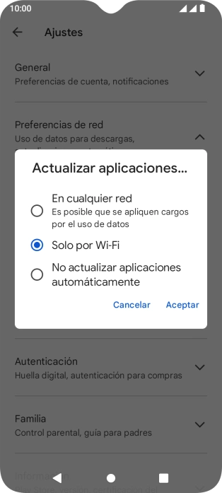 Para activar la actualización automática de apps utilizando la red móvil, pulsa En cualquier red.