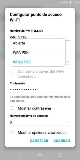 Pulsa WPA2 PSK para proteger la conexión wifi con una contraseña.