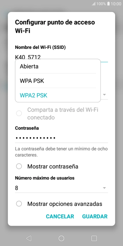 Pulsa WPA2 PSK para proteger la conexión wifi con una contraseña.