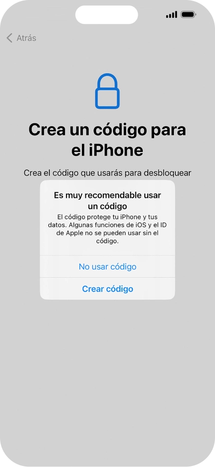Si desactivas la función, pulsa No usar código.