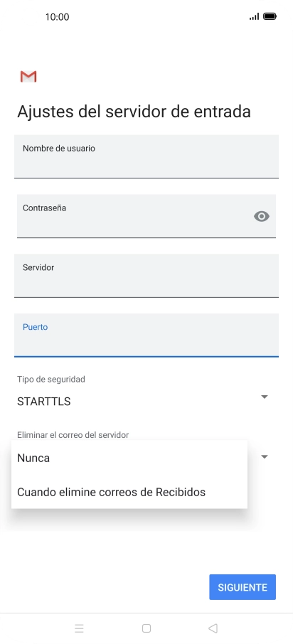 Pulsa Nunca para conservar los correos electrónicos en el servidor cuando los borras del teléfono.
