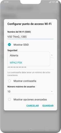 Pulsa WPA2 PSK para proteger la conexión wifi con una contraseña.