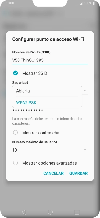 Pulsa WPA2 PSK para proteger la conexión wifi con una contraseña.