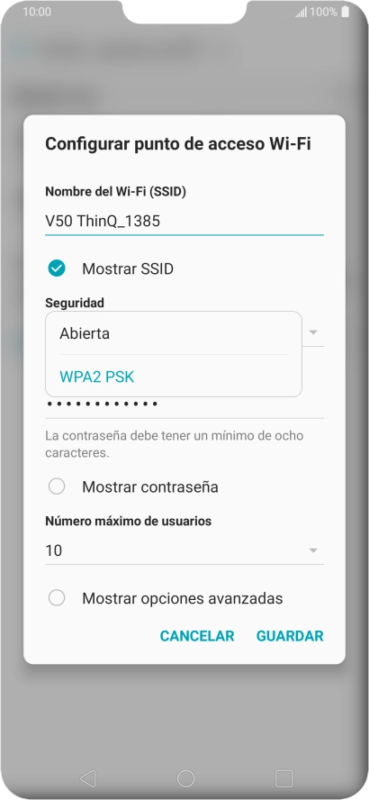 Pulsa WPA2 PSK para proteger la conexión wifi con una contraseña.