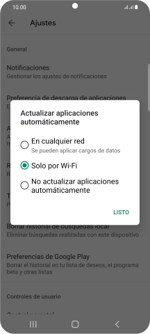 Para activar la actualización automática de apps utilizando la red móvil, pulsa En cualquier red.