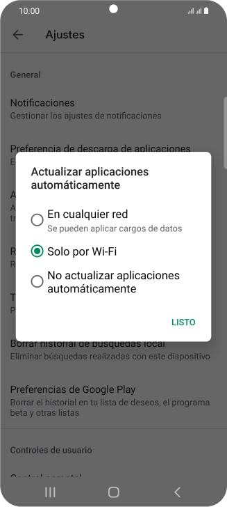 Para activar la actualización automática de apps utilizando la red móvil, pulsa En cualquier red.
