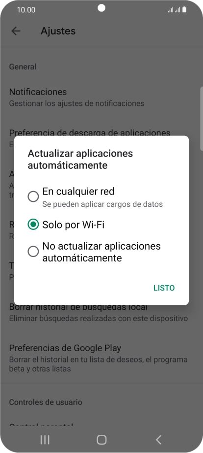 Para activar la actualización automática de apps utilizando la red móvil, pulsa En cualquier red.