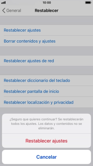 Pulsa Restablecer ajustes. Espera unos instantes mientras el teléfono restablece la configuración predeterminada. Sigue las indicaciones de la pantalla para configurar el teléfono y dejarlo listo para su uso.