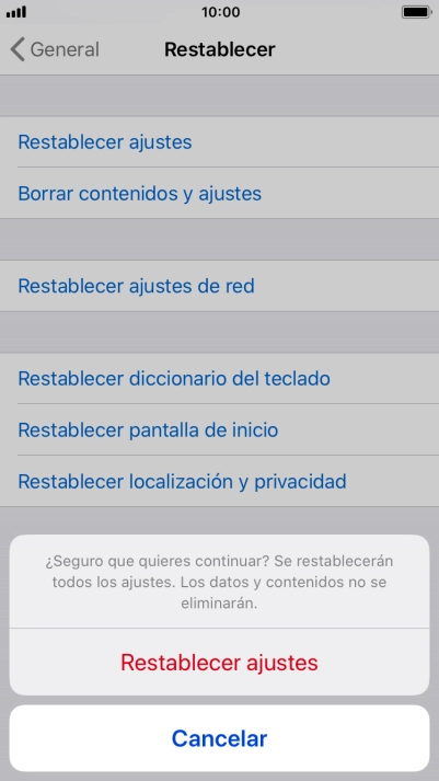 Pulsa Restablecer ajustes. Espera unos instantes mientras el teléfono restablece la configuración predeterminada. Sigue las indicaciones de la pantalla para configurar el teléfono y dejarlo listo para su uso.