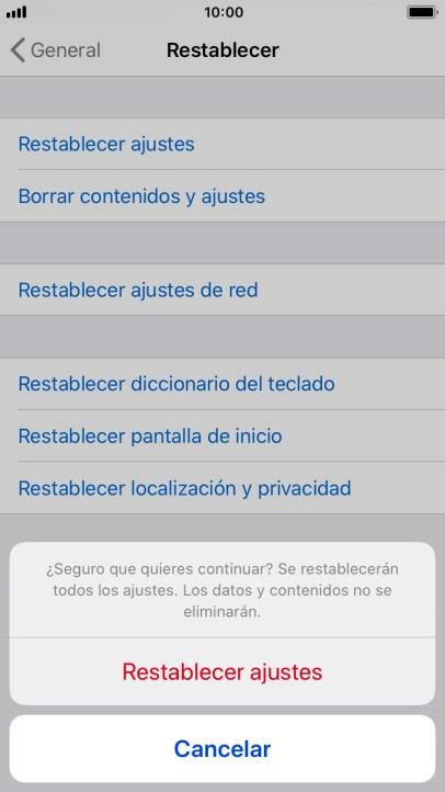 Pulsa Restablecer ajustes. Espera unos instantes mientras el teléfono restablece la configuración predeterminada. Sigue las indicaciones de la pantalla para configurar el teléfono y dejarlo listo para su uso.