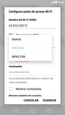 Pulsa WPA2 PSK para proteger la conexión wifi con una contraseña.