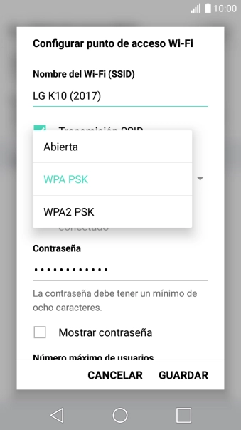 Pulsa WPA2 PSK para proteger la conexión wifi con una contraseña.