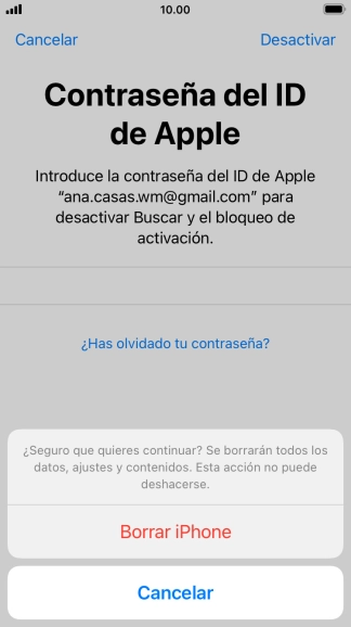 Introduce la contraseña de tu ID de Apple y pulsa Borrar iPhone. Espera unos instantes mientras el teléfono restablece la configuración predeterminada. Sigue las indicaciones de la pantalla para configurar el teléfono y dejarlo listo para su uso.