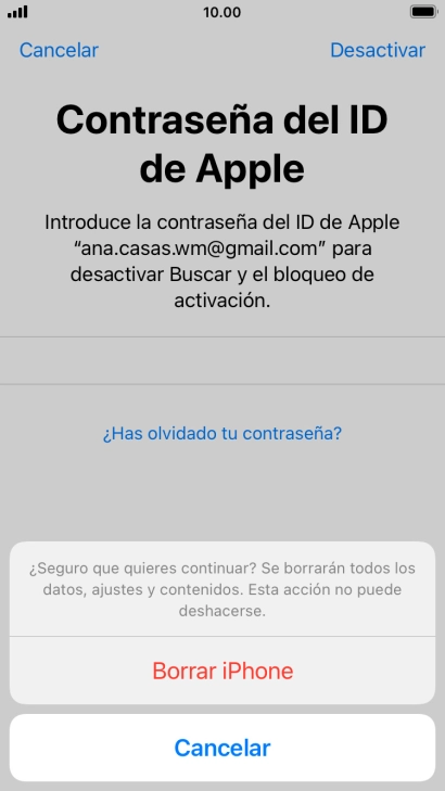 Introduce la contraseña de tu ID de Apple y pulsa Borrar iPhone. Espera unos instantes mientras el teléfono restablece la configuración predeterminada. Sigue las indicaciones de la pantalla para configurar el teléfono y dejarlo listo para su uso.